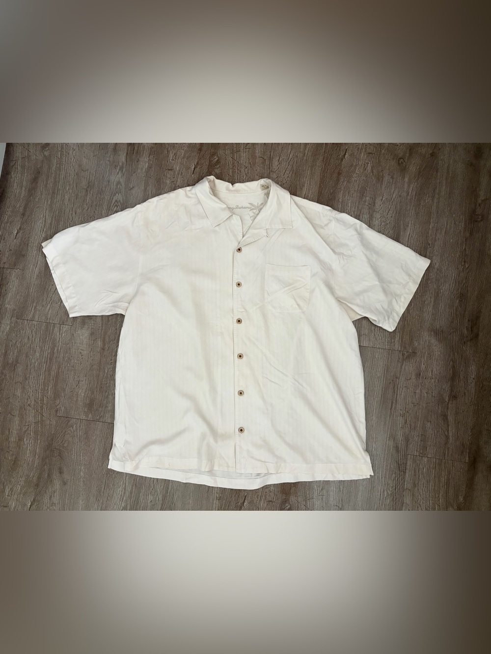 Tommy Bahama 100% Button Down Silk Camp Shirt XL Ivory Embroidered Palm Trees